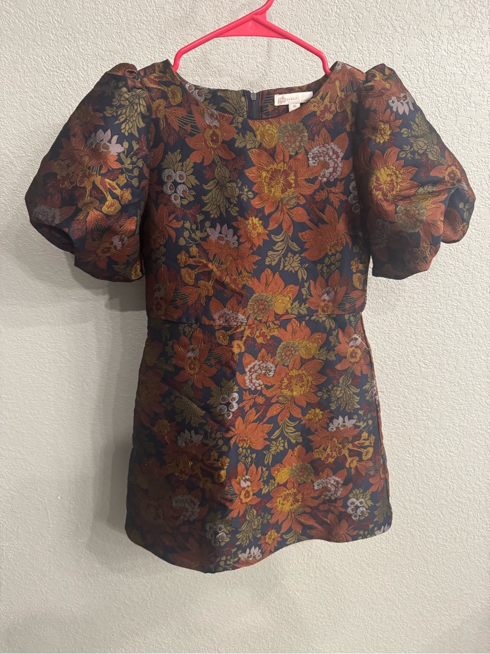 GB girls Floral Puff-Sleeve Jacquard Top - Navy, Rust, Gold